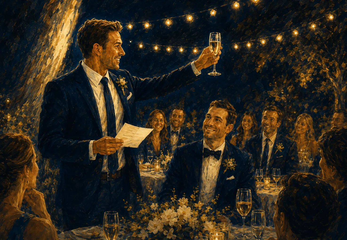 A painted wedding reception: the best man raises his glass as the groom looks up, smiling.