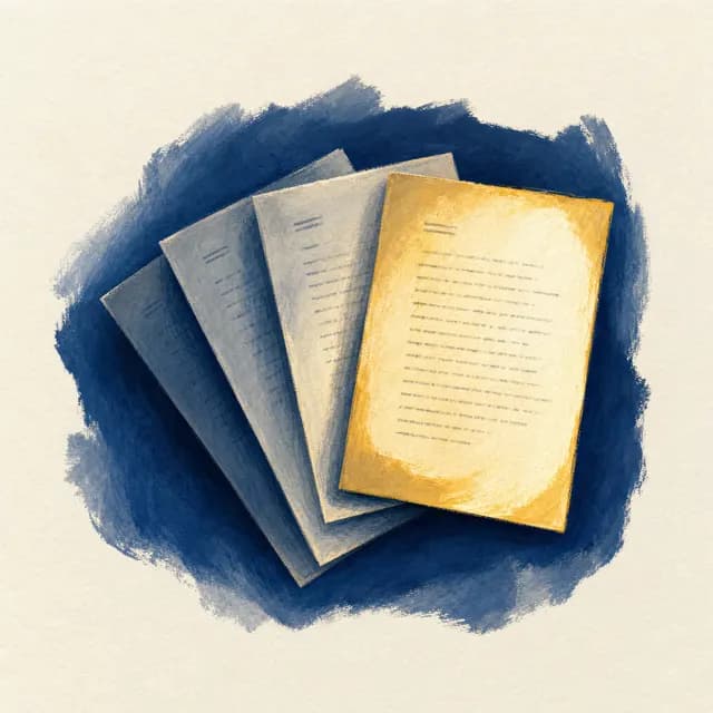 Illustration of four draft pages fanned like a hand of cards