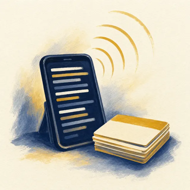 Illustration of a phone showing teleprompter lines beside a stack of flashcards