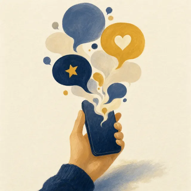 Illustration of a hand holding a phone with speech bubbles rising from it