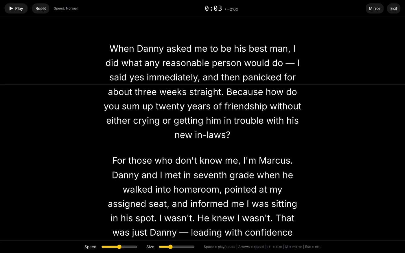 Screenshot of the practice teleprompter scrolling a best man speech mid-rehearsal, with play, speed, and timer controls